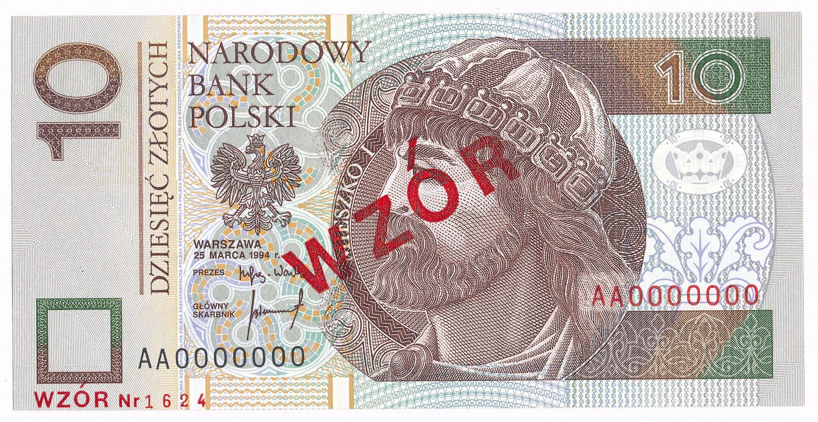 Banknot. 10 złotych Mieszko I 25.03.1994 seria AA WZÓR/SPECIMEN
